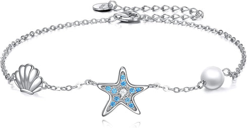 Starfish Ankle Bracelets for Women 925 Sterling Silver Pearl Anklet Boho Ocean Starfish Link Chain Anklets Jewelry Gifts...