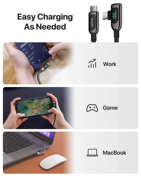 SOOPII 100W Right Angle USB C to USB C Cable,10FT Zinc Alloy Braided Type-C Cable with LED Display for lphone 15, lPad Air/Pro,MacBook Pro,Samsung...