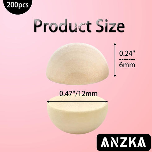 ANZKA 200pcs Mini Half Wooden Beads, 12mm Unfinished Round Split Wood Balls for Craft Paint, 1/2 inch Diameters Natural Half Sphere Ornaments...