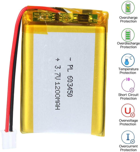 3.7V 1200mAh Battery 603450 Lithium Polymer Ion Rechargeable Li-ion Li-Po Battery with 2P PH 2.0mm Pitch Connector...