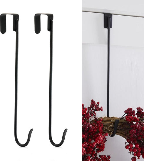 16" Wreath Hanger for Front Door, 2 Pack Wrought Iron Over The Door Hook, Matte Black...