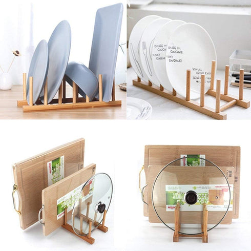 INNERNEED Bamboo Wooden Plate Racks Dish Stand Holder Kitchen Storage Cabinet Organizer for Dish/Plate/Bowl/Cup/Pot Lid/Cutting Board (Pack of 2)...