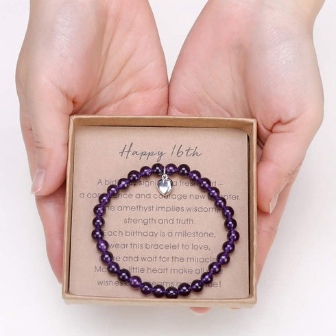 Gifts for 16 Year Old Amethyst Bead Bracelet with Sterling Silver Heart Charm Sweet 16 Gifts with Card and Gift Box...