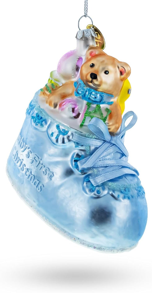 Teddy Bear Nestled in a Blue Shoe for Baby's First Glass Christmas Ornament...