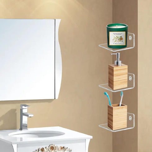 Bigfety Acrylic Small Floating Shelves for Wall, 3-Ledges, Clear Mini Display Floating Shelf Flexible Use with Adhesive or Screw...