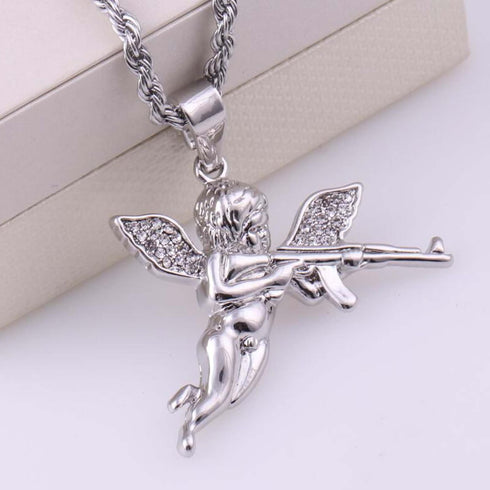 Gold Angel Necklace Gun Necklace Pendant Chain,Cubic Zirconia Mens Angel Wings Necklace Choker,Sparkled Cupid Chain Stainless Steel Hip Hop Jewelr...