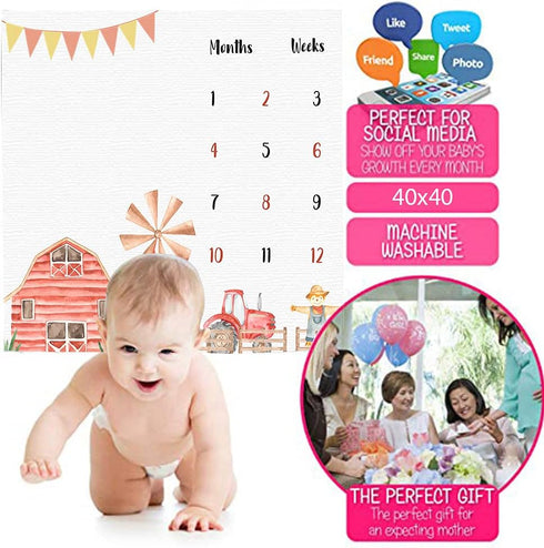 Farm Theme Baby Monthly Milestone Blanket, 48x40in Soft Flannel, Tractor and Barn Backgrounds, Newborn Mom Gifts, Baby Shower Age Growth Tracker w...
