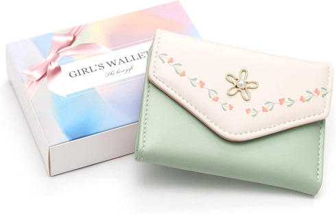 Girls Cute flowers Print Wallet, Small Tri-folded Aesthetic Wallet, PU Leather Purse Cash Pocket Card Holder ID Window Purse for Women(Green)...