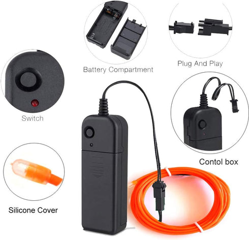 MaxLax EL Wire Orange, 9.8ft/3m Portable Battery Pack Neon Light Strip 360° Cuttable Glowing Rope Lights for Parties, Halloween, DIY Decoration...