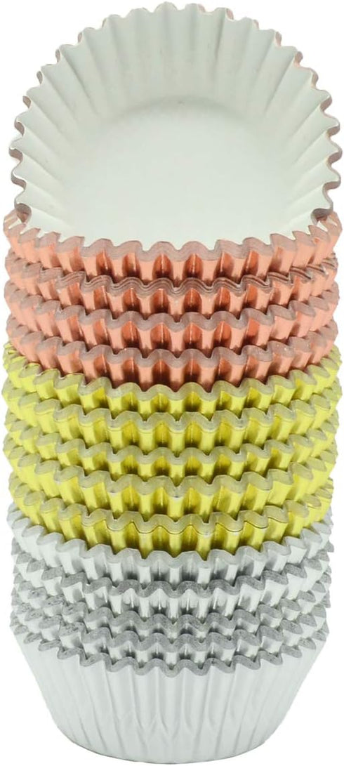 Mini Metallic Foil Paper Cupcake Liners/Baking Cups in Rose Gold, Gold and Silver, 300-Count...