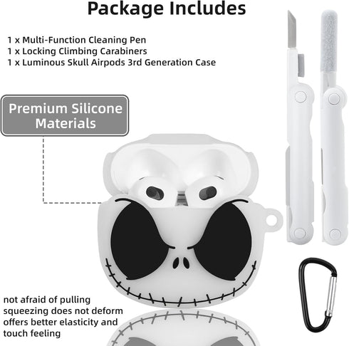 Compatible with AirPods 3rd Generation Case Cover with Cleaner kit, Glow in The Dark Funny Case for Airpod 3 Charging Case Cute 3D Skull Soft Sili...