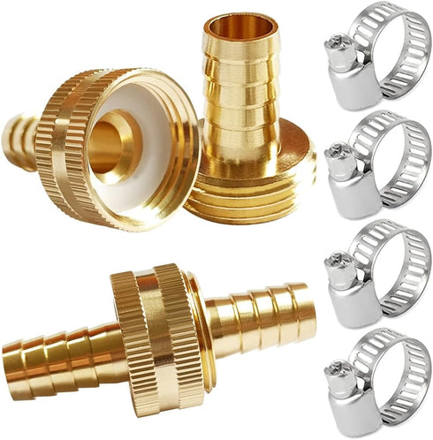 Solid Brass Garden Hose Repair Connector with Clamps, Fit for 3/8" Garden Water Hose Fitting, 3/4"GHT Male and Female Garden Hose Fitting, 2 Set...