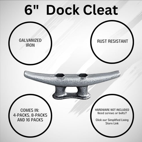 6" Dock Cleats | Weatherproof Galvanized Cast Iron 6 Inch Boat Cleat Tie Downs for Marine Pier or Decorative Nautical Maritime Decor | 4, 8 or 16 ...