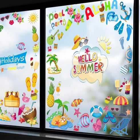 Summer Window Decals Removable Beach Window Stickers Summertime Gel Window Clings Double Sided Printed for Glass Window Decorations...
