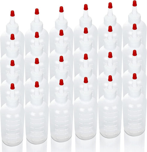 24 Pack 6oz Plastic Squeeze Bottles with Red Tip Caps and Measurement, Leak Proof Refillable Plastic Squeeze Condiment Bottles Container for BBQ, ...