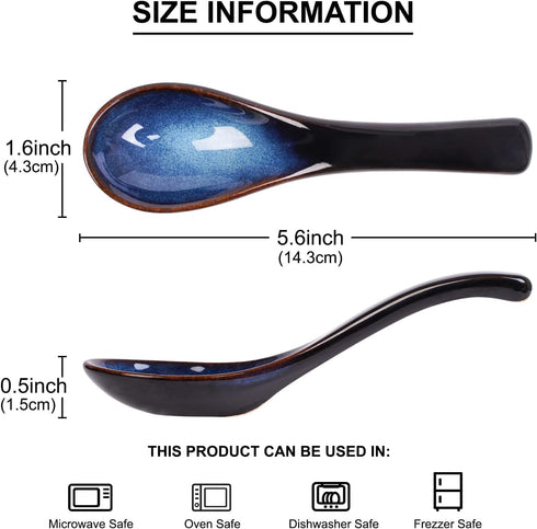 Asian Soup Spoon Set, Blue Japanese Soup Spoon Ceramic Chinese Soup Spoons Ramen Spoon Retro Porcelain Spoon Rice Spoons For Cereal Stews Ramen Ph...