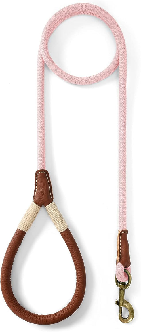 Mile High Life Dog Leash | Strong Rope Dog Leash w Premium Leather Tailor Handle | 5 Feet Dog Leash w Heavy Duty Clasp | Pink Rope Leash for Small...