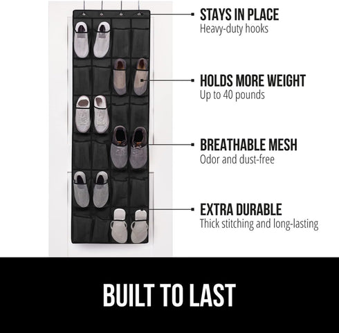 GORILLA GRIP Over the Door Shoe Organizer, 24 Large Breathable Mesh Pockets, Space Saving Hanging Storage Holder, Closet Rack Hanger Holds Up to 4...