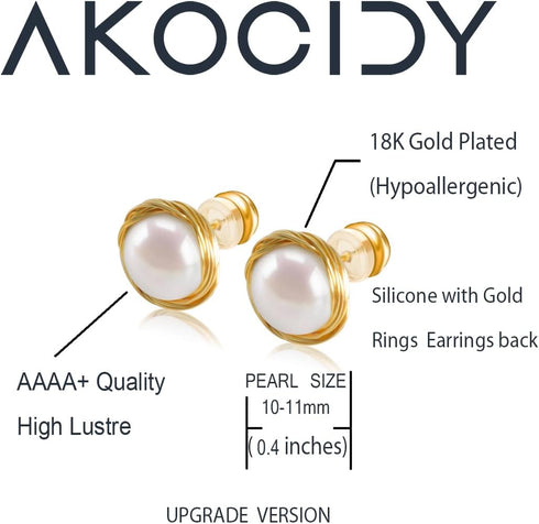 18K Gold Plated Freshwater Cultured Pearl Stud Earrings | Real Pearl Earrings for Girl&Women- AKOCIDY 10mm…...