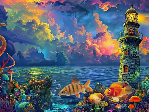 Aquarium Background with Cloud Sky Design, Fantasy Landscape Tapestry Trippy Neon Galaxy Space Fish Tank, Nature Lighthouse Lake Tapestry Wall Han...