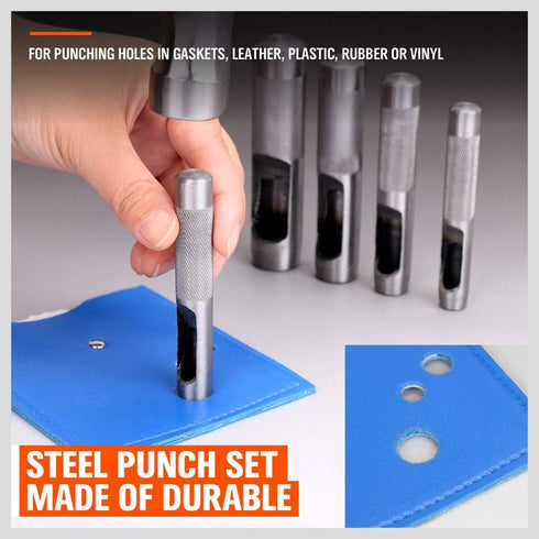 Spurtar 6PCS Leather Hole Punch 1/8'' - 5/16'' Heavy Duty Round Hollow Punch Set High Carbon Steel Leather Punch Tool for Watch Cloth Belt Gaskets...