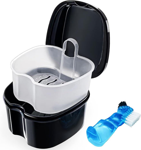 Black Denture Soaking Container Partial Denture Case, Orthodontic Retainer Cleaning Case Denture Cleaner Container Dentures Teeth Cup with Straine...