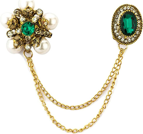 Knighthood Formal Gold Star With Emerald Stone Pearls And Hanging Tassel Chain Collar Pin Brooch, Suit Stud, Shirt Studs, Lapel Pin Accessories fo...
