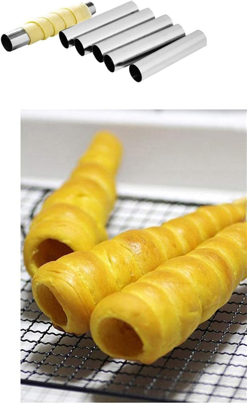 Screw Croissant Molds, VolksRose 12 PCS Non-stick Stainless Steel Waffle Cone Roll Pastry Cream Horn Forms Pancake Making Tool Cannoli Tubes DIY S...
