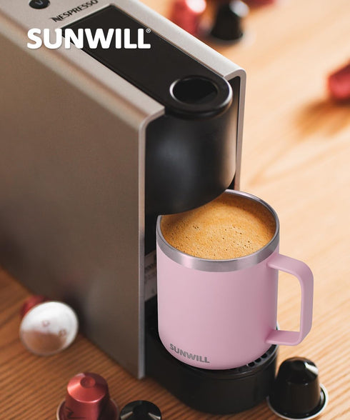 SUNWILL Insulated Coffee Mug with Lid, Travel Tumbler Reusable, 14 oz Stainless Steel Cup for Camping, Office, Home, Powder Coated Sakura...