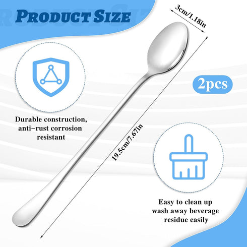 2 PCS Long Coffee Spoons Long Handle Ice Tea Spoons Stainless Steel Long Spoon Silver Ice Cream Spoon Cocktail Mixing Spoons for Cold Drink Ice Cr...
