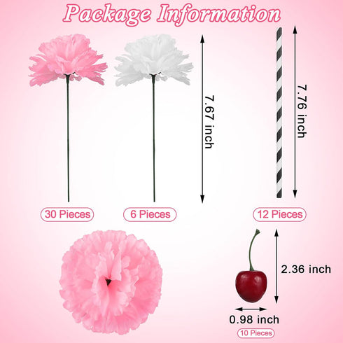 WILLBOND 6 Sets Pink Carnations Artificial Flowers, 50's Theme Party Decorations Include White Pink Carnation Lifelike Cherries and Paper Straws f...