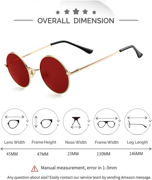 John Lennon Glasses Small Round Polarized Sunglasses for Women Men Hippie Retro Circle Red Sunglasses - 45MM...