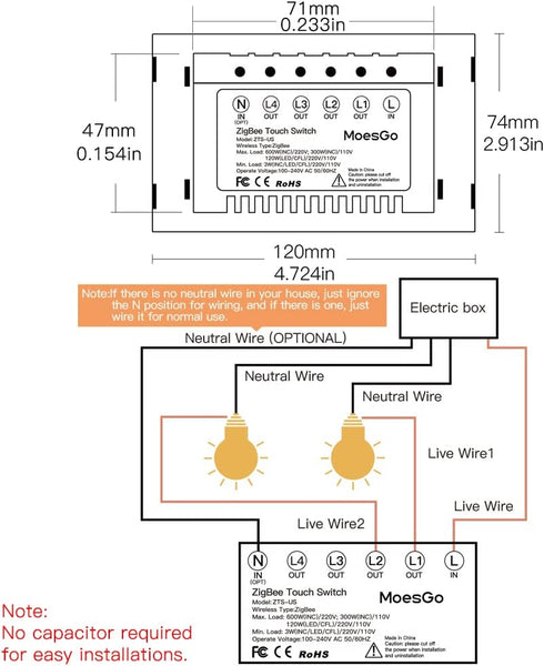 MoesGo ZigBee Wall Touch Smart Light Switch, Only Work with MoesGo Zigbee Hub, No Neutral Wire/N+L Wiring, Smart Life Tuya 2/3 Way Remote Control,...