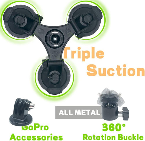 Triple Suction Cup Mount Holder Action Camera Car Windshield Mount with 1/4 Threaded Head 360 Degree Tripod Ball Head Mount & Screw for Gopro, DJI...