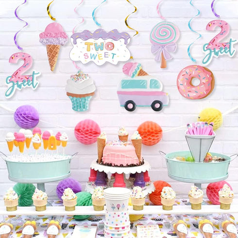 Pastel Ice Cream Two Sweet 2nd Birthday Party Supplies, Ice Cream Donut Party Hanging Swirls Decorations, Summer Ice Cream Party Hanging Streamers...