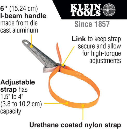 Klein Tools S6HB Strap Wrench, Adjustable Grip-It Strap Wrench Adjusts 1-1/2 to 4-Inch, 6-Inch Handle...