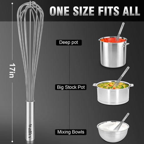 Walfos Whisk,17in Large Whisks, Heavy Duty Stainless Steel Wire Whisk Ideal For Beating Eggs, Blending Sauces, Mixing Batter....