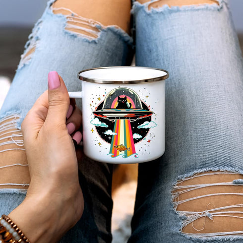 Retro UFO Cat Fish Abduction Extraterrestrial Paranormal Enamel Campfire Mug, Fun Outdoor Camping Coffee Cup (12oz)...