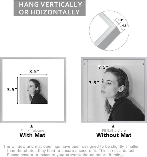 Golden State Art - 8x8 Aluminum Picture Frame - with Mat for 4x4 Photo or Without Mat for 8 x 8 Photo - Real Glass Cover - Simple and Elegant Deco...