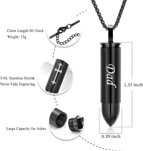 Oinsi Double-Side Engraving Cross &Mom/Dad/Son Keepsake Jewelry -Black Bullet Cremation Urn Necklace for Ashes...