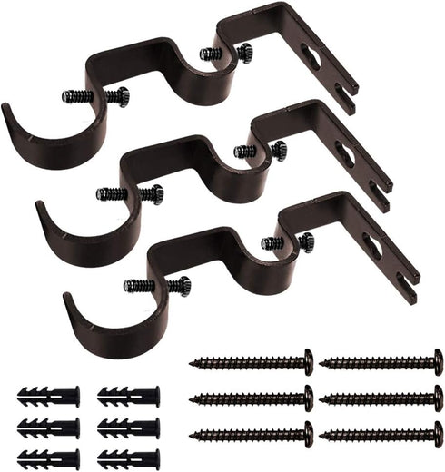 TLBTEK 3pcs Brown Curtain Rod Bracket, Double Curtain Rod Hanging Brackets Wall Mount Heavy Duty,Adjustable Curtain Rod Holders Hardware for Windo...