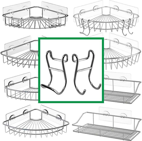 Shower Caddy Shelf Basket Rack Hooks Stainless Steel Metal Bathroom Hangers Hanging for Loofah Robe Massage Towel Squeegee Sponge Razor 2 Pack...