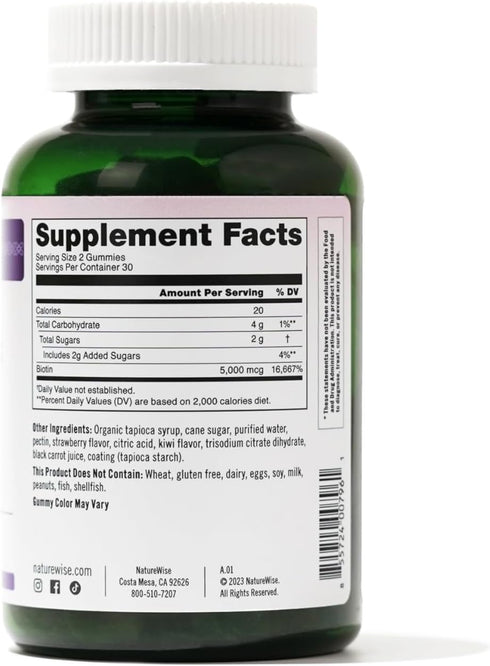 NatureWise Biotin Gummies - Hair, Skin and Nails Vitamin - Biotin 5000mcg Supports Hair and Nail Strength - Strawberry-Kiwi Flavor - Vegan, Non-GM...
