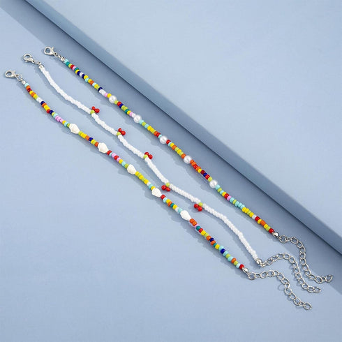 Handmade Pearl Anklet Bracelet Boho Conch Cherry Rainbow Beads Anklet Ankle Chain Elastic Pearl Beach Foot Chain Multi-Layered Anklet 3Pcs Set Foo...