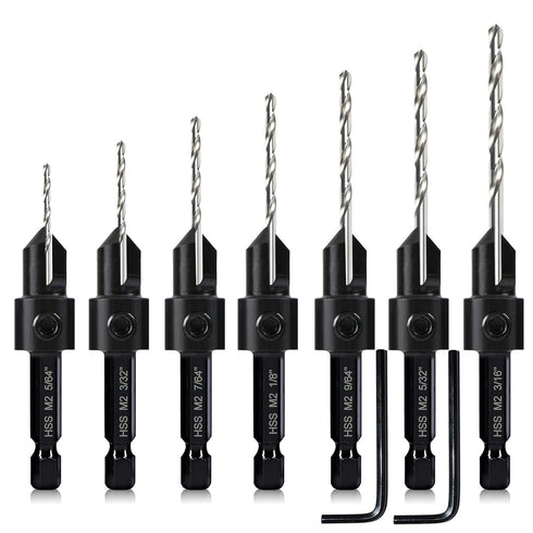 7 Pack Countersink Drill Bits Set, Wood Drill Countersink Counterbore 3in1, Three 82-Degree Chamfer Cutters, M2 Counterbore Cutting Depth Adjustab...