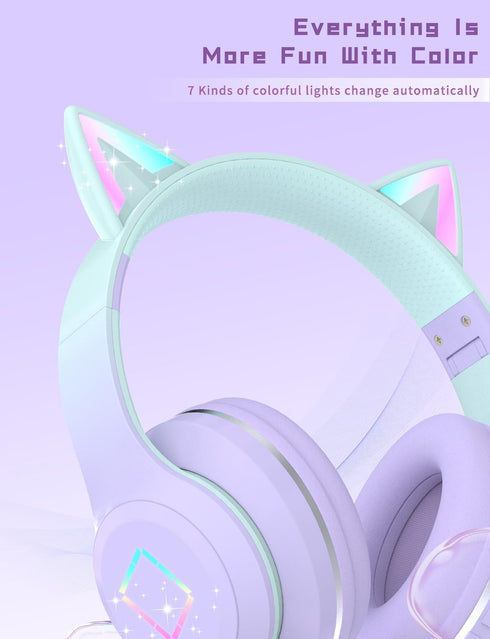 Kids Bluetooth Headphones,Cat Ear LED Light Child Wireless Headphones with Mic,Adjustable Headband,TF Card,Foldable Bluetooth Stereo Over-Ear Kids...