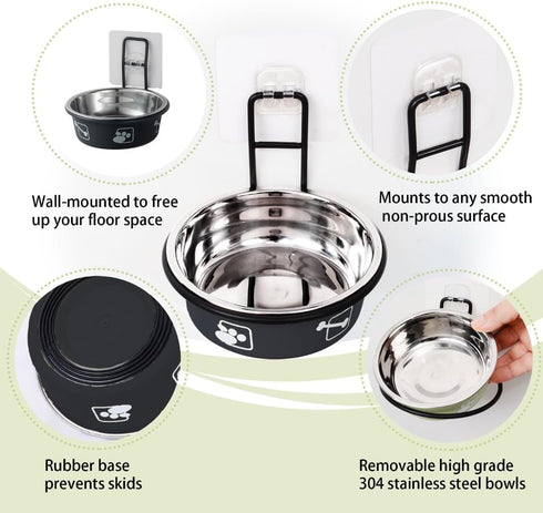 Wall Mounted Cat Food Bowl, Adjustable Elevated Cat Food and Water Bowls, Stainless Steel Hanging Pet Bowls with Stand, Nonslip Pet Feeding Bowls,...