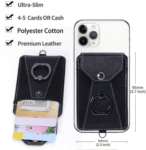 Cell Phone Card Holder,Card Holder for Back of Cell Phone with Ring Grip Stand,Adhesive Stick-on Credit Card Wallet Pocket with Detachable Neck St...