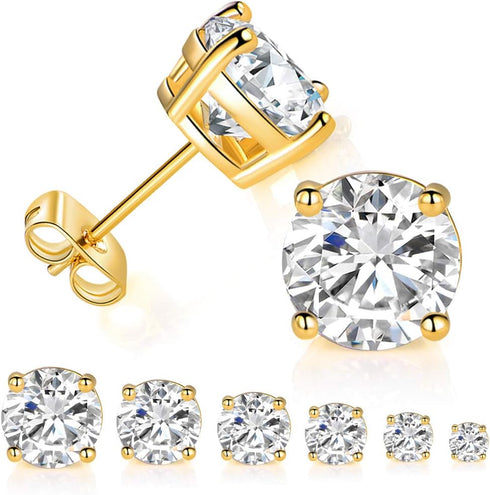 6 Pairs 14K Yellow Gold Plated Round Cut Clear Cubic Zirconia Stud Earring Pack...