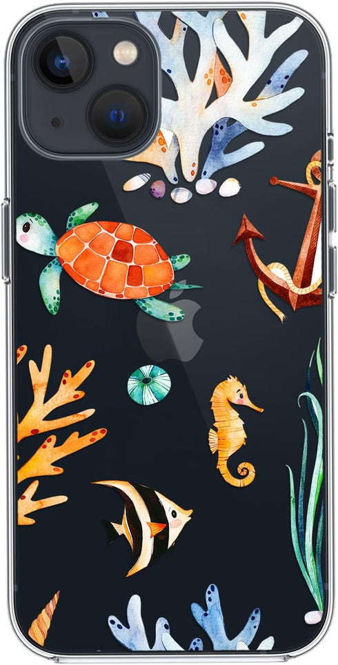 for iPhone 12 Case (6.1 inch), Fun Turtle Design with Ocean Fish Pattern Cute Animal Beach Style Transparent Soft TPU Protective Clear Case (Ocean...